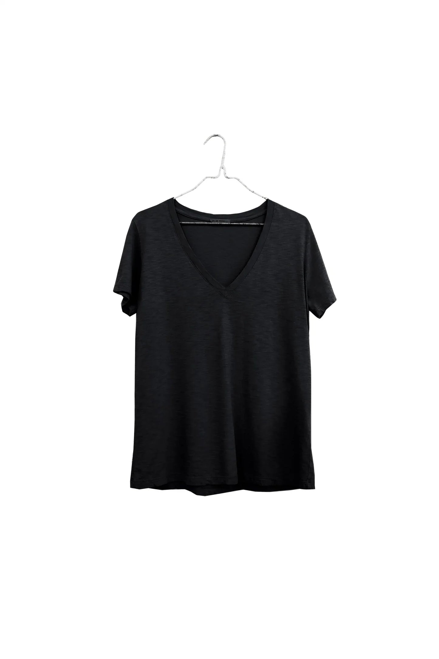 A black short-sleeve V-neck t-shirt hanging on a white wire hanger against a plain white background.