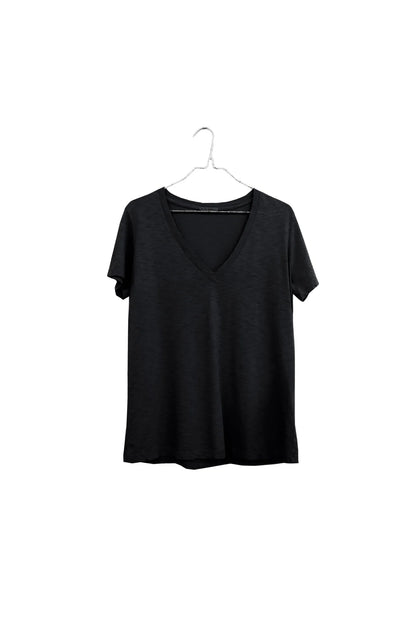 A black short-sleeve V-neck t-shirt hanging on a white wire hanger against a plain white background.