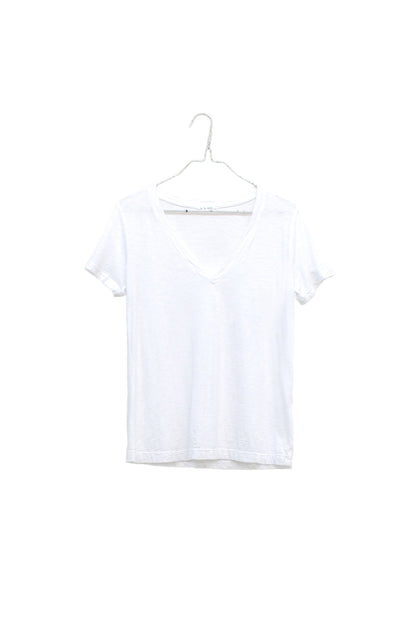 A white short-sleeve V-neck t-shirt hanging on a white plastic hanger against a plain white background.