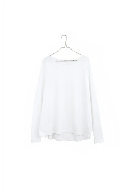 A white long-sleeve top with a wide, slightly draped neckline, hanging on a silver metal hanger against a solid white background.