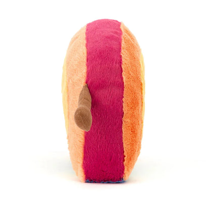 Rainbow plush toy with pink and orange stripes on a white background