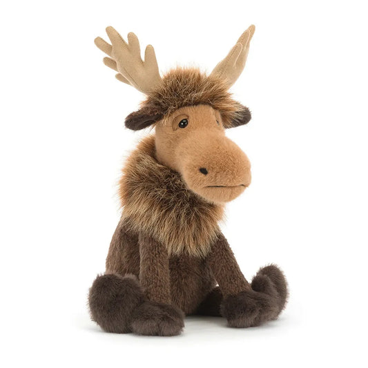Jellycat Birchly Moose plush at an angle, a sitting brown moose with a caramel muzzle, a shaggy two-tone fur mane, tan antlers and fluffy dark brown hooves, on a white background.