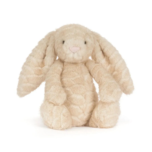 Jellycat Franilla Luxe Bunny Original at a slight angle: a sitting plush bunny in soft vanilla faux fur with a swirled pattern, long floppy ears and a pink embroidered nose.