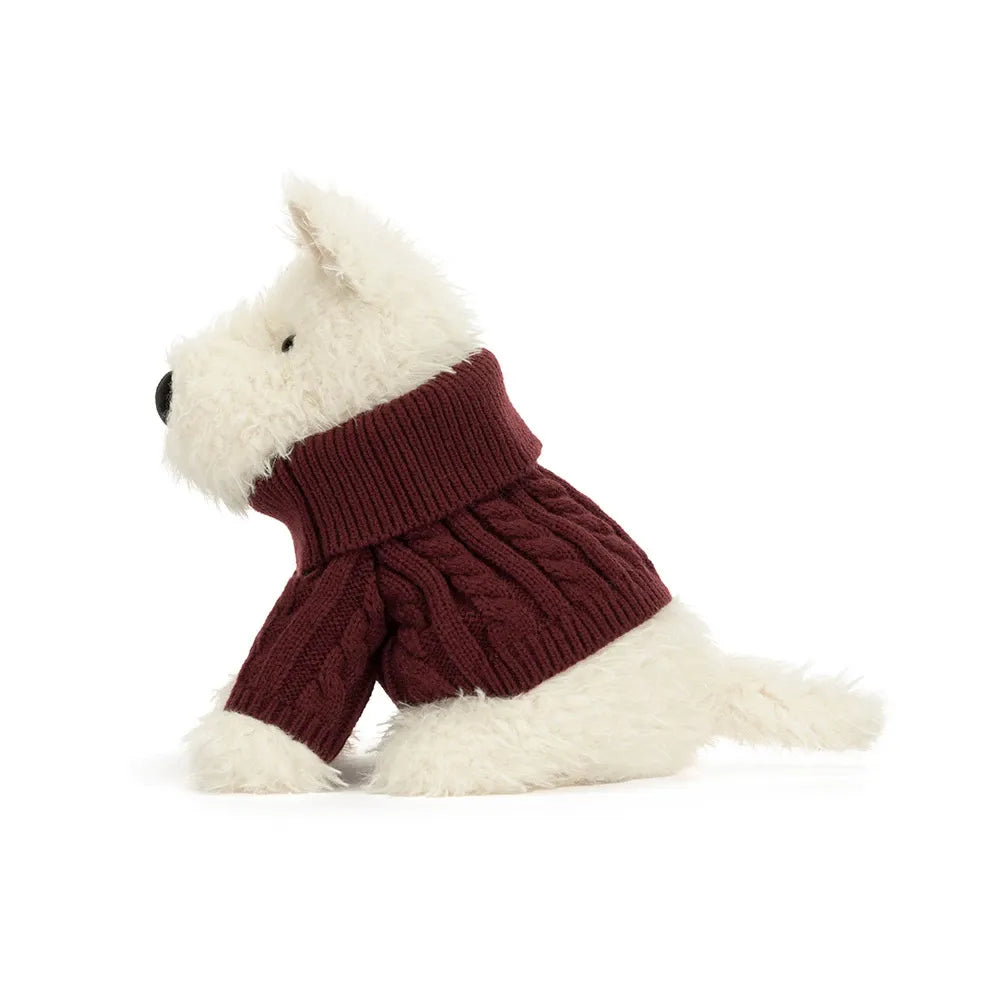 A plush white dog toy wearing a burgundy cable-knit turtleneck sweater, shown against a plain white background.