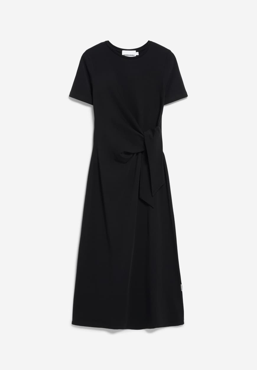 FULL FLAT LAY BLACK SHEATH WRAP DRESS AGAINST WHITE BACKGROUND