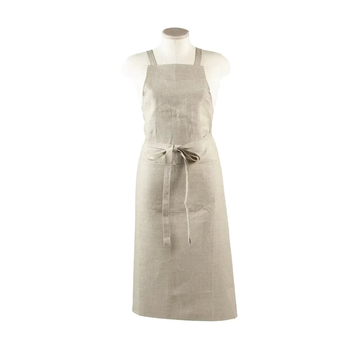 Libeco Bistro Apron in Lino, a natural flax-coloured linen apron with a large front pocket and long back ties.