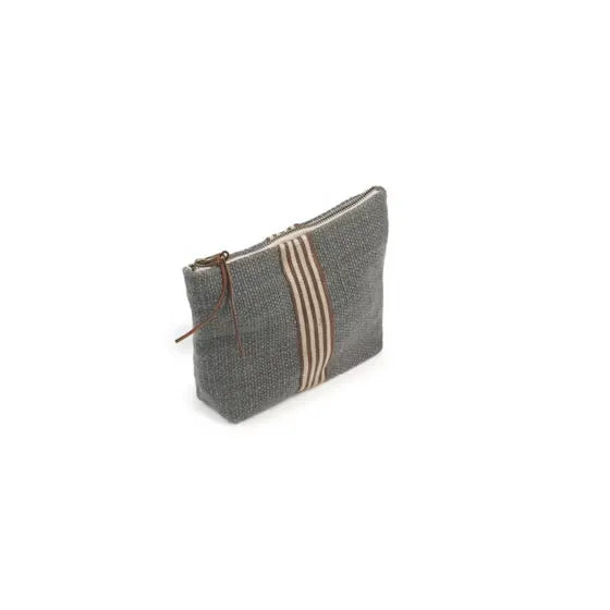 Libeco Jasper Pouch in charcoal grey woven linen and wool with a vertical cream and brown striped band and a long brown zip pull
