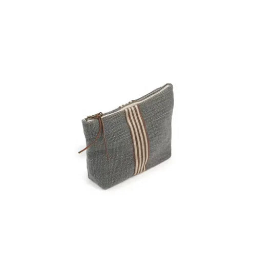 Libeco Jasper Pouch in charcoal grey woven linen and wool with a vertical cream and brown striped band and a long brown zip pull