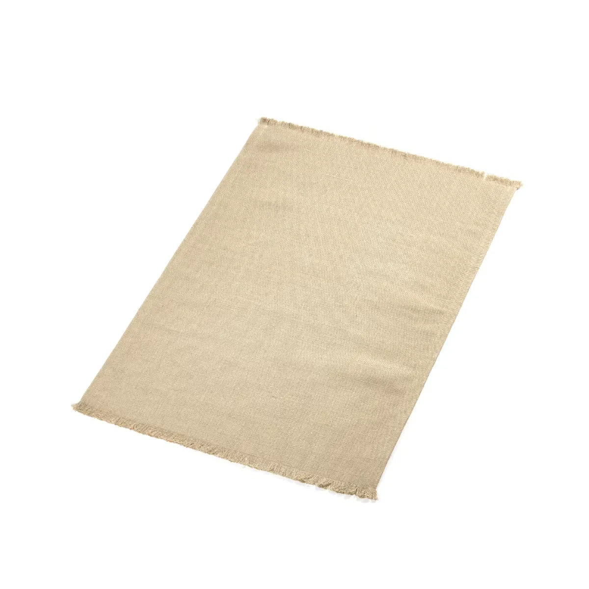 The Libeco Portobello Road rug in Flax laid flat at an angle, a heavyweight woven linen rug in a warm natural beige with short fringed ends, on a white background.
