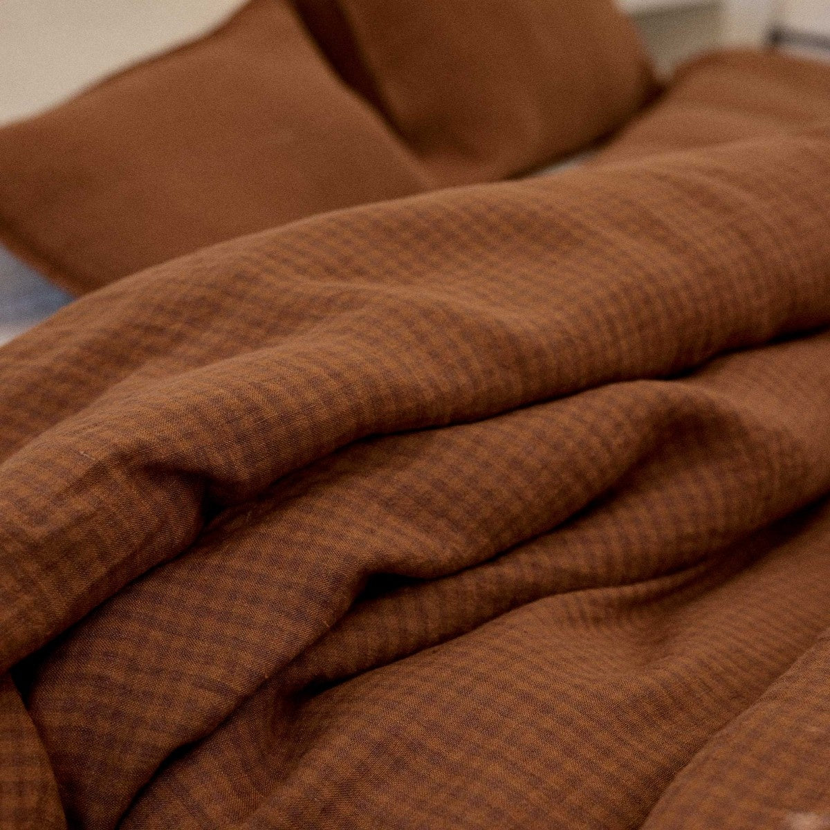 Washed Linen Vichy Marsala Duvet Cover