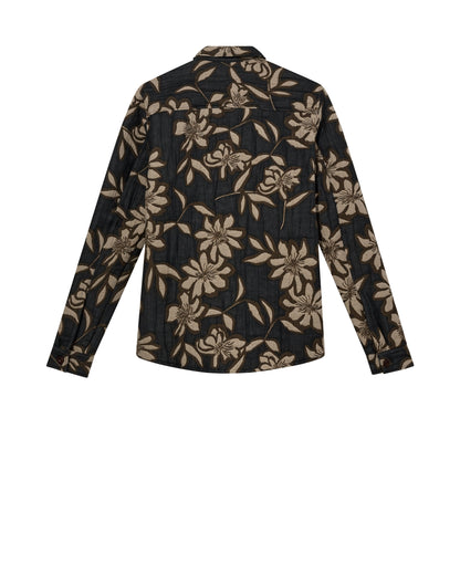 Mos Mosh Gallery vintage indigo overshirt back view with beige floral print long sleeves cotton blend in Kelowna