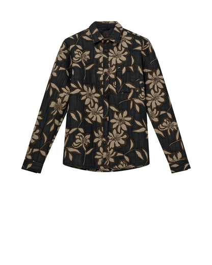 Mos Mosh Gallery vintage indigo overshirt with beige floral print long sleeve button shirt for casual styling in Kelowna