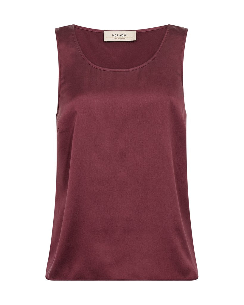 A sleeveless scoop-neck top in a deep burgundy or maroon color, displayed flat against a solid white background. A small cream-colored brand label is visible at the inner neckline, reading 'NEW YORK'.