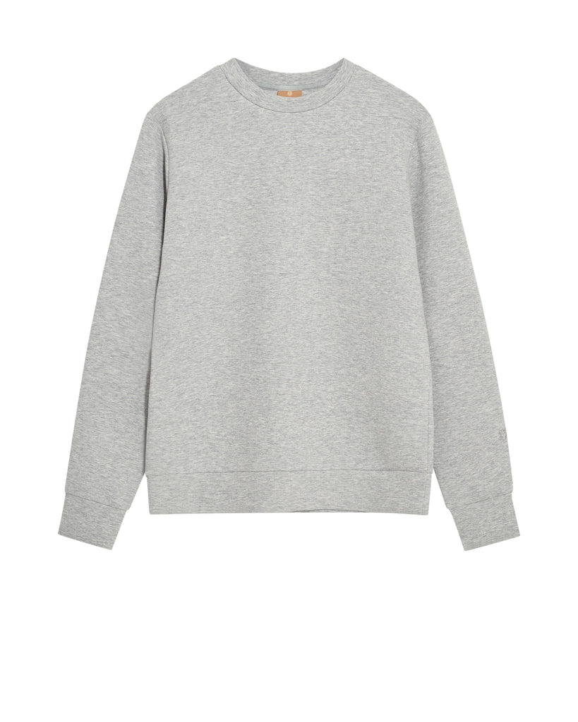 Flat lay of the MOS MOSH Gallery Canada Abel Crew Neck Sweat in grey melange, front view, showing the ribbed crew neck, cuffs and hem on a white background.