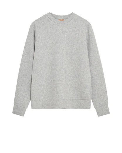 Flat lay of the MOS MOSH Gallery Canada Abel Crew Neck Sweat in grey melange, front view, showing the ribbed crew neck, cuffs and hem on a white background.
