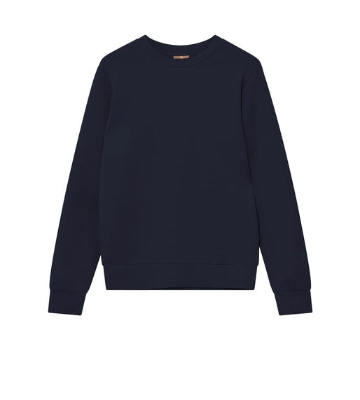 Flat lay of the MOS MOSH Gallery Canada Abel Crew Neck Sweat in salute navy melange, front view, on a white background.