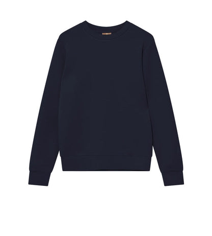 Flat lay of the MOS MOSH Gallery Canada Abel Crew Neck Sweat in salute navy melange, front view, on a white background.