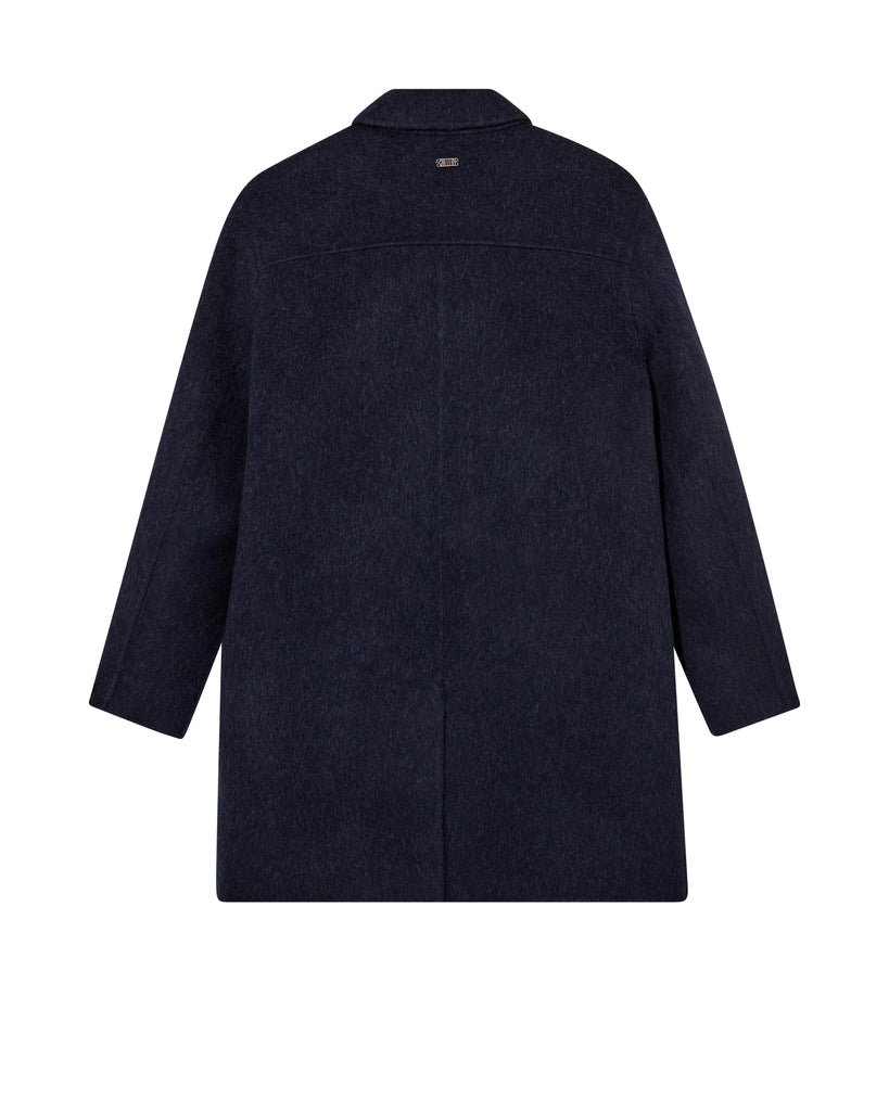 Flat lay of the MOS MOSH Gallery Canada Barkley Wool Coat in salute navy, back view, showing the back yoke, centre vent and small metal logo plate on a white background.