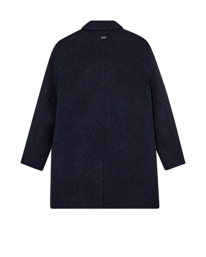 Flat lay of the MOS MOSH Gallery Canada Barkley Wool Coat in salute navy, back view, showing the back yoke, centre vent and small metal logo plate on a white background.