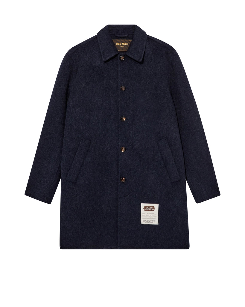 Flat lay of the MOS MOSH Gallery Canada Barkley Wool Coat in salute navy, front view, showing the classic collar, five-button front, angled pockets and Gallery Studio Collection label on a white background.