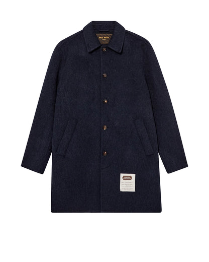 Flat lay of the MOS MOSH Gallery Canada Barkley Wool Coat in salute navy, front view, showing the classic collar, five-button front, angled pockets and Gallery Studio Collection label on a white background.