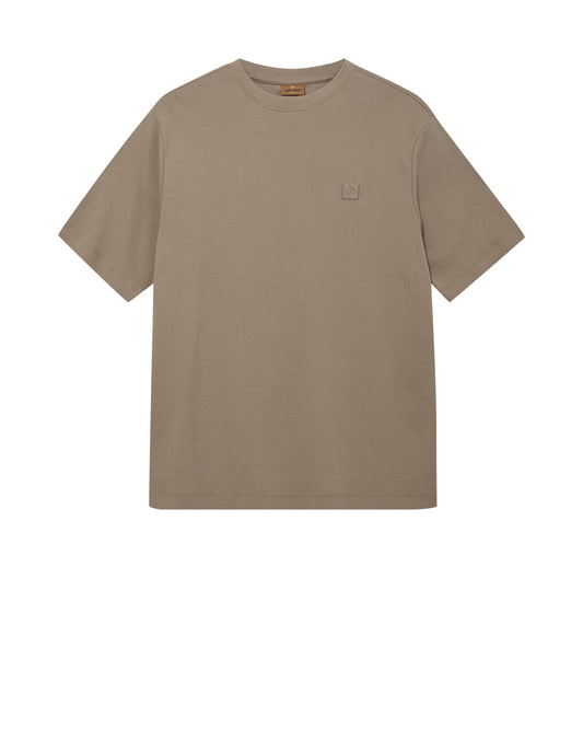 Mos Mosh Gallery mens beige crew neck cotton t-shirt with short sleeves and subtle chest logo in Kelowna