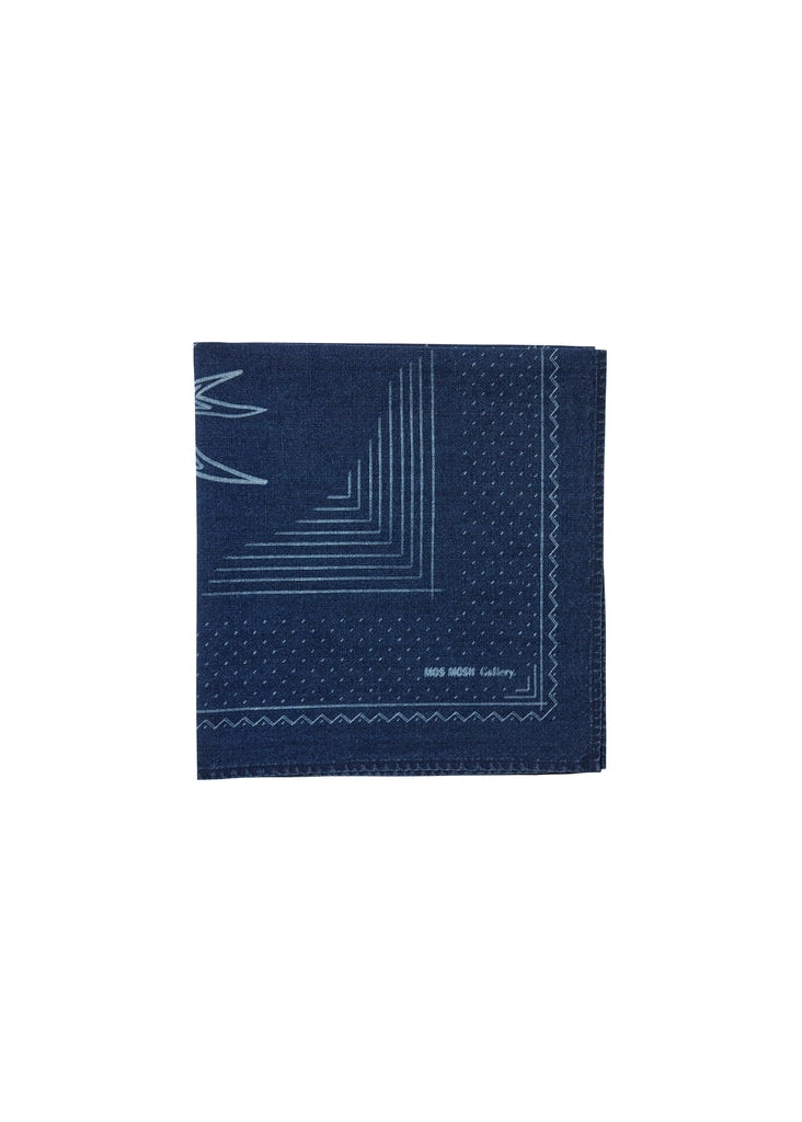 Folded MOS MOSH Gallery Canada Bird Chambray Neckerchief in indigo blue, showing the dotted pattern and the MOS MOSH Gallery logo in one corner, on a white background.