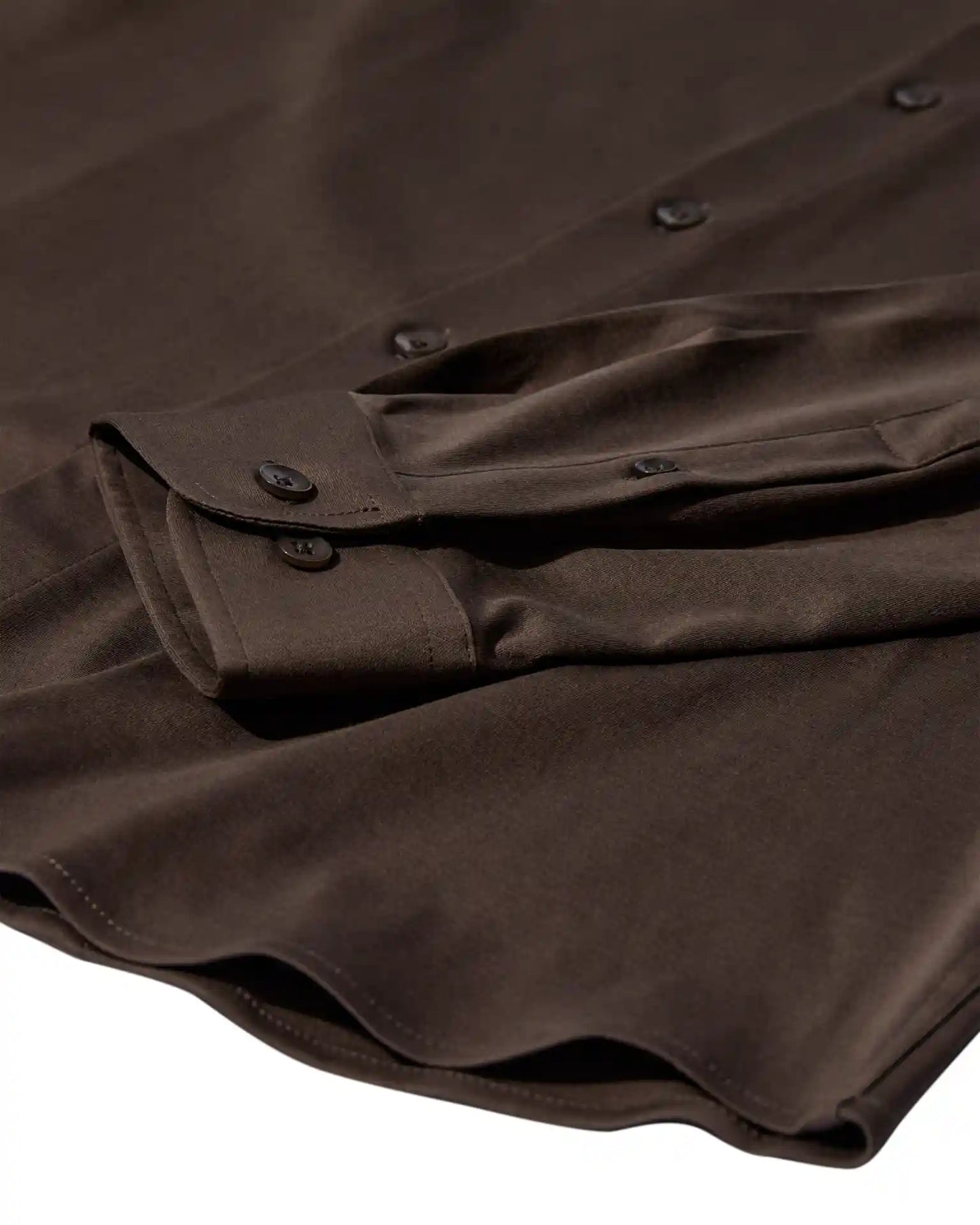 Mos Mosh Gallery dark brown button down oxford shirt close up showing cuff buttons hem and soft fabric in Kelowna