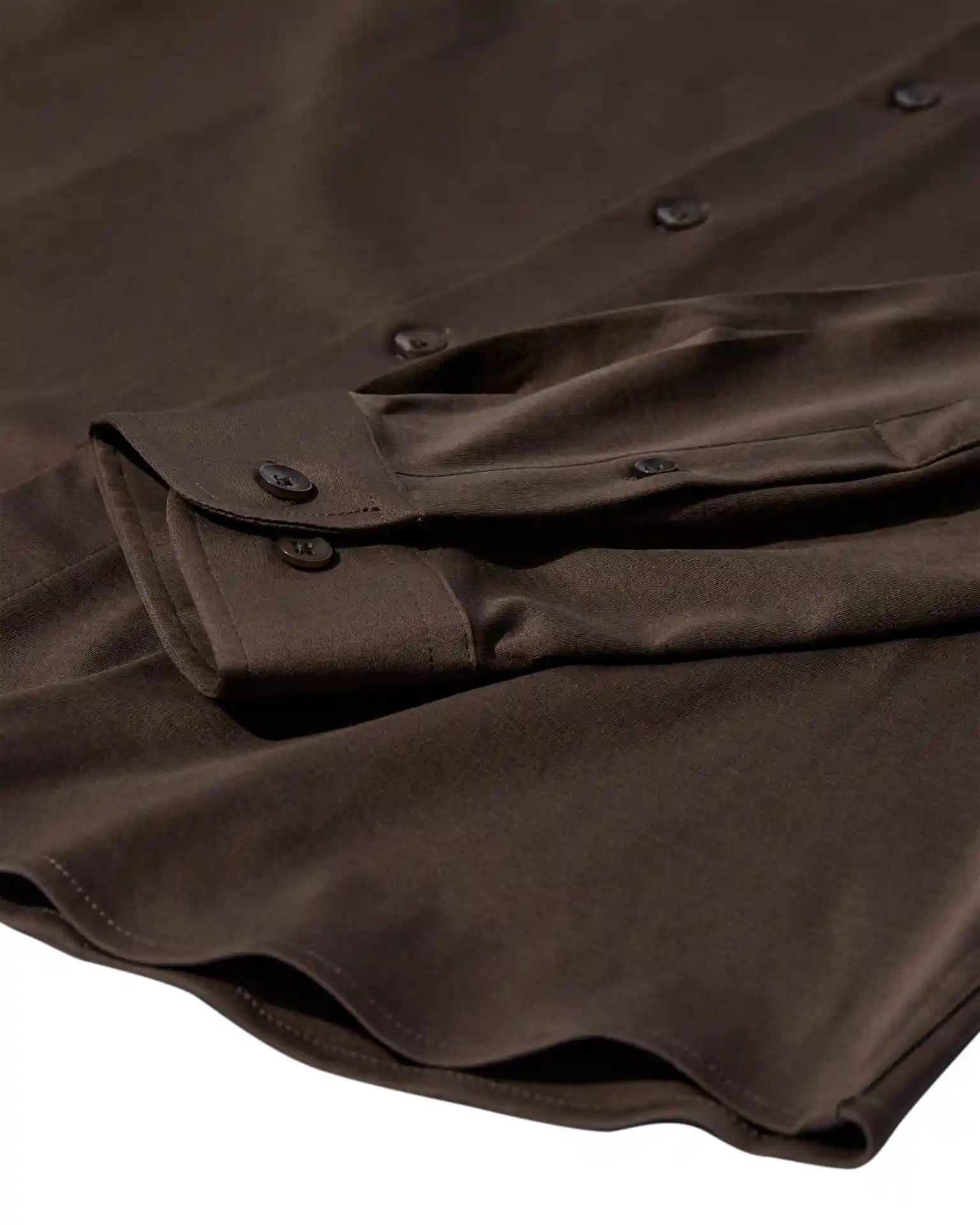 Mos Mosh Gallery dark brown button down oxford shirt close up showing cuff buttons hem and soft fabric in Kelowna