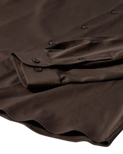 Mos Mosh Gallery dark brown button down oxford shirt close up showing cuff buttons hem and soft fabric in Kelowna