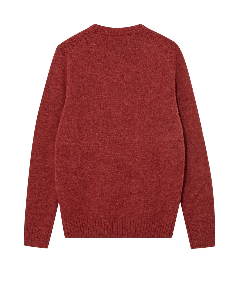 Flat lay of the MOS MOSH Gallery Canada Carlos Crew Neck Knit in burnt russet, back view, on a white background.