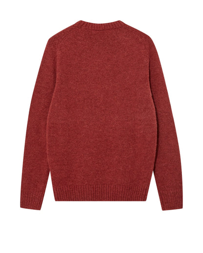 Flat lay of the MOS MOSH Gallery Canada Carlos Crew Neck Knit in burnt russet, back view, on a white background.