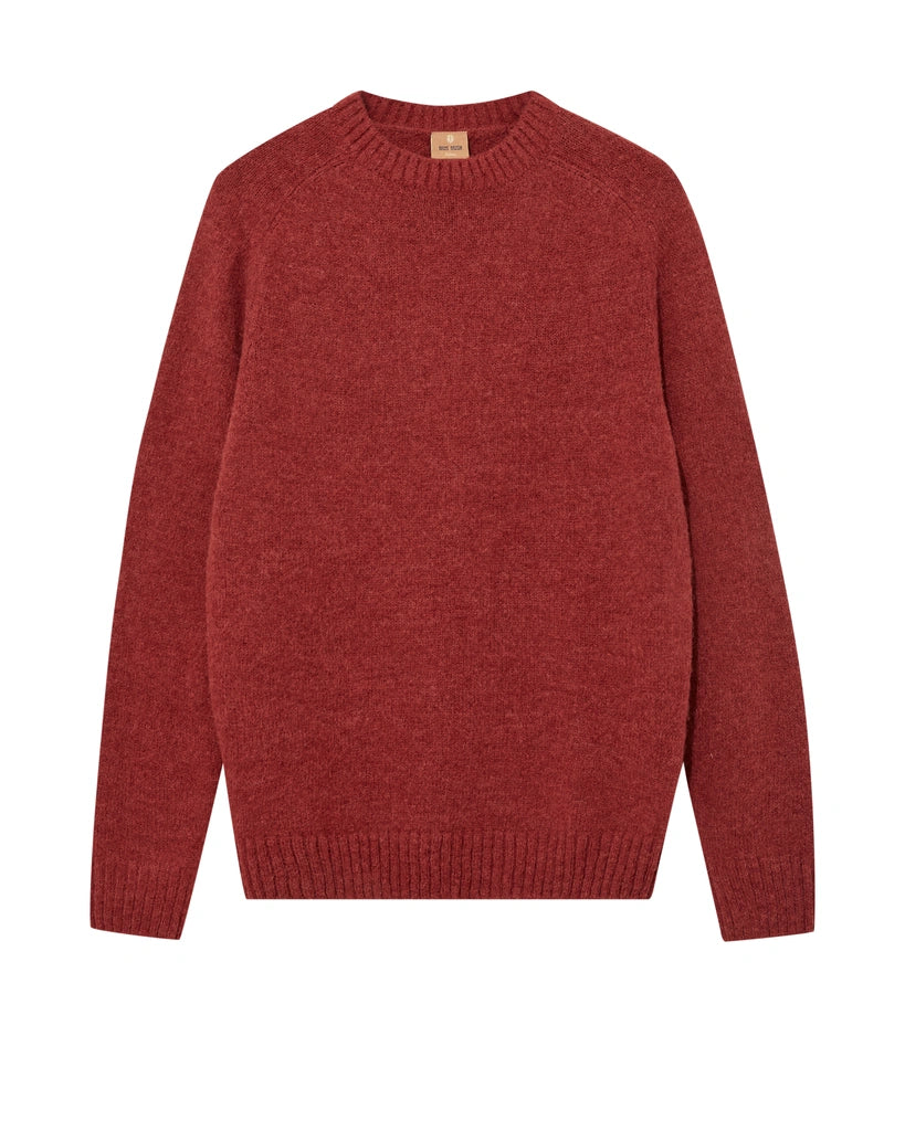 Flat lay of the MOS MOSH Gallery Canada Carlos Crew Neck Knit in burnt russet, front view, showing the raglan sleeves and ribbed trims on a white background.