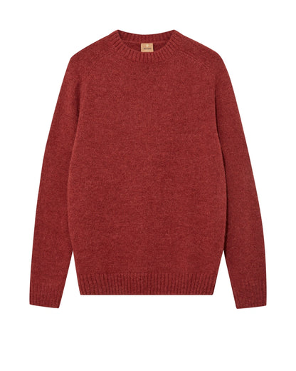 Flat lay of the MOS MOSH Gallery Canada Carlos Crew Neck Knit in burnt russet, front view, showing the raglan sleeves and ribbed trims on a white background.