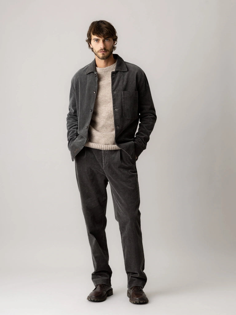 Man wearing MOS MOSH Gallery Canada Conor Corduroy Pant in Castlerock with a matching corduroy overshirt and cream knit, full-length front view against a light grey background.
front-2: Front view of MOS MOSH Gal