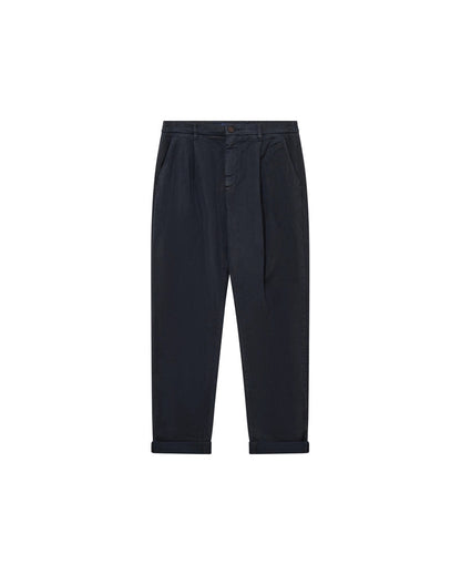 Flat lay of the MOS MOSH Gallery Canada Jones All-Day Pant in Salute Navy, front view, showing the pleats and turned-up hem on a white background.