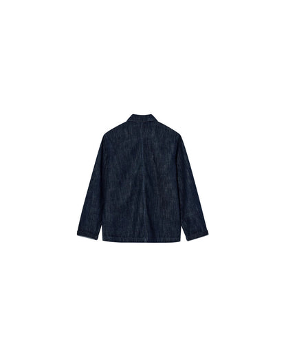 Flat lay of the MOS MOSH Gallery Canada Micca Selvedge Jacket in dark blue denim, back view, on a white background.