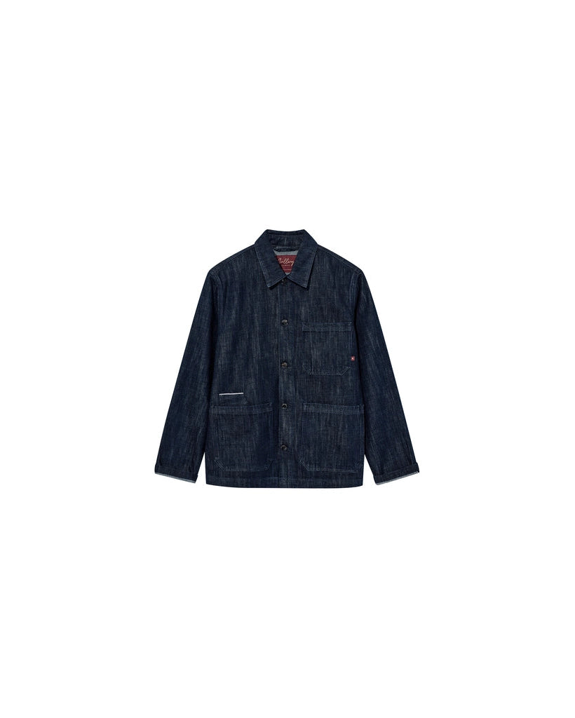 Flat lay of the MOS MOSH Gallery Canada Micca Selvedge Jacket in dark blue denim, front view, showing the button front and patch pockets on a white background.