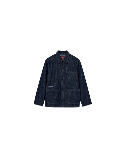 Flat lay of the MOS MOSH Gallery Canada Micca Selvedge Jacket in dark blue denim, front view, showing the button front and patch pockets on a white background.