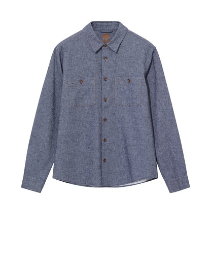Flat lay of the MOS MOSH Gallery Canada Norbert Denim Shirt in vintage indigo, front view, showing the two buttoned chest pockets and contrast stitching on a white background.