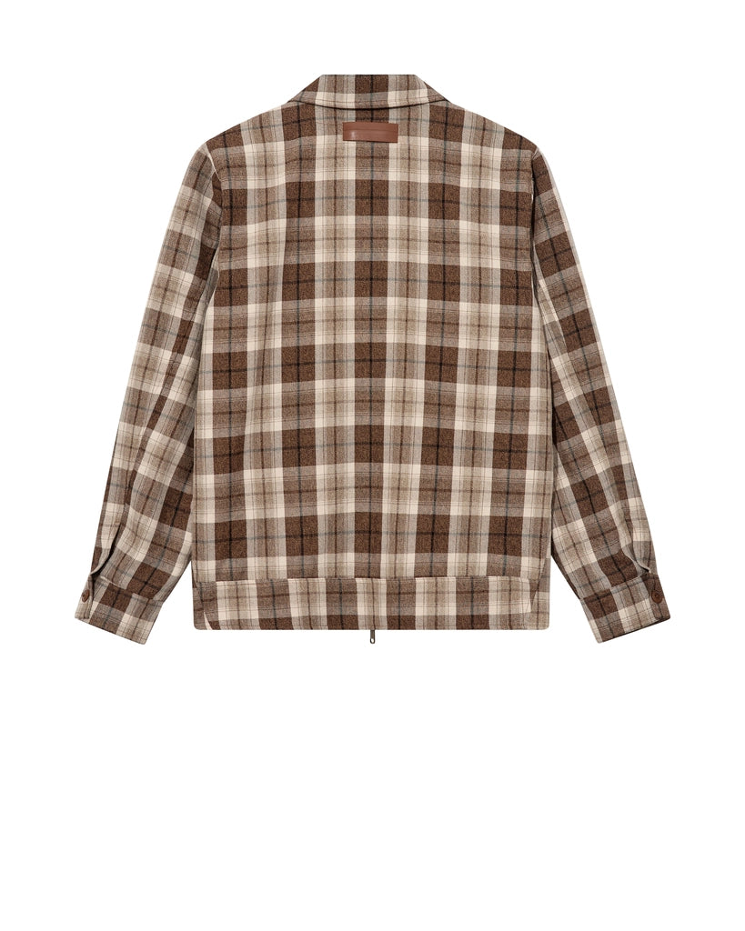 Flat lay of the MOS MOSH Gallery Canada Trossard Jacket in toffee check, back view, showing the leather-look patch and banded hem on a white background.
