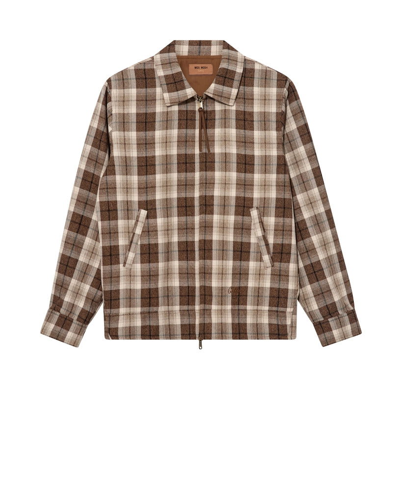 Flat lay of the MOS MOSH Gallery Canada Trossard Jacket in toffee check, front view, showing the zip front, slanted pockets and suede-look zip pull on a white background.
