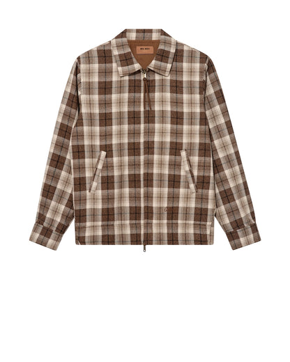 Flat lay of the MOS MOSH Gallery Canada Trossard Jacket in toffee check, front view, showing the zip front, slanted pockets and suede-look zip pull on a white background.