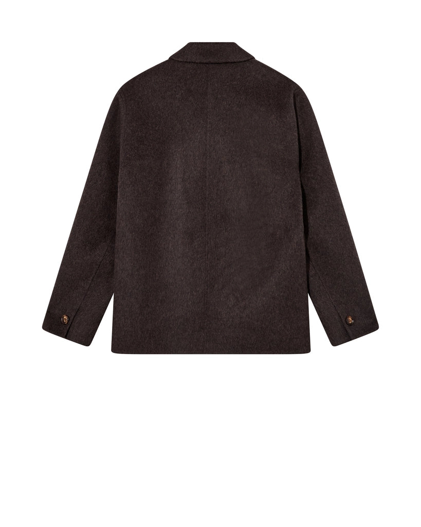 lat lay of the MOS MOSH Gallery Canada Warren Jacket in delicioso brown, back view, showing the button cuffs on a white background.