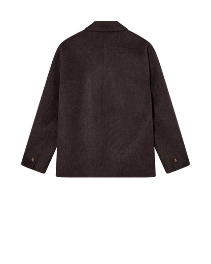 lat lay of the MOS MOSH Gallery Canada Warren Jacket in delicioso brown, back view, showing the button cuffs on a white background.