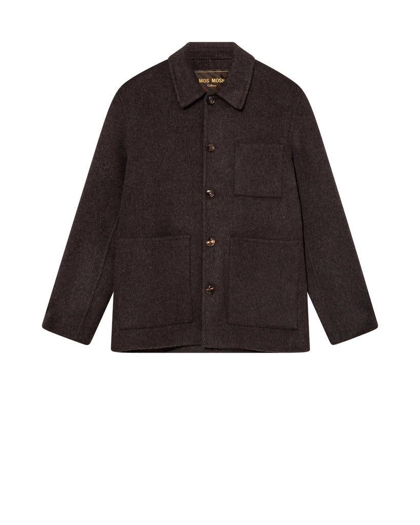 Flat lay of the MOS MOSH Gallery Canada Warren Jacket in delicioso brown, front view, showing the classic collar, five-button front and three patch pockets on a white background.