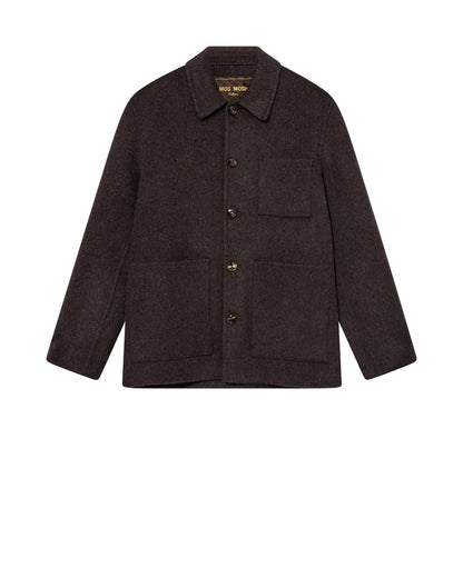 Flat lay of the MOS MOSH Gallery Canada Warren Jacket in delicioso brown, front view, showing the classic collar, five-button front and three patch pockets on a white background.