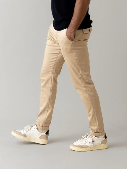Mos Mosh Gallery Hunt Soft String Pant in Tan Cold-Kit and Perry OSS Tee in Black – outfit view – available at Textile Apparel Kelowna