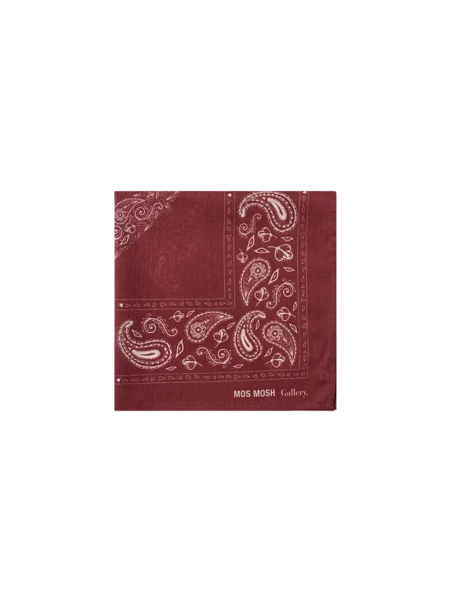 Folded MOS MOSH Gallery Canada Martin neckerchief in red, showing its white paisley border on a light grey background.