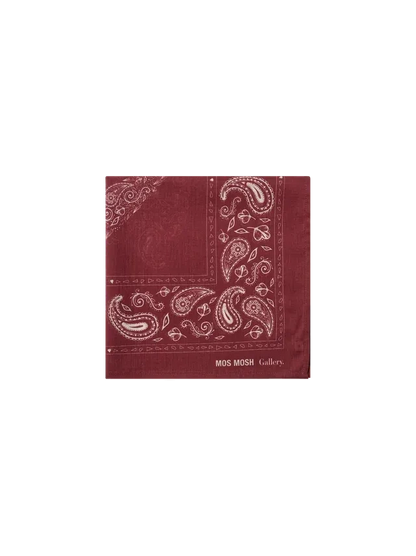 Folded MOS MOSH Gallery Canada Martin neckerchief in red, showing its white paisley border on a light grey background.